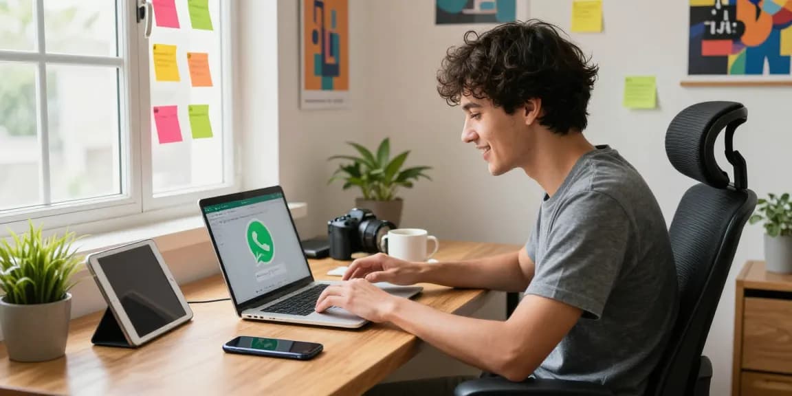 Downloading WhatsApp下載 on a laptop in a vibrant home office setting with gadgets and motivational decor.