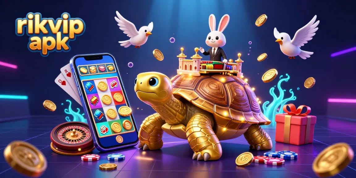Engage with the rikvip apk in this vibrant casino scene featuring a golden tortoise, dealer, and floating coins.