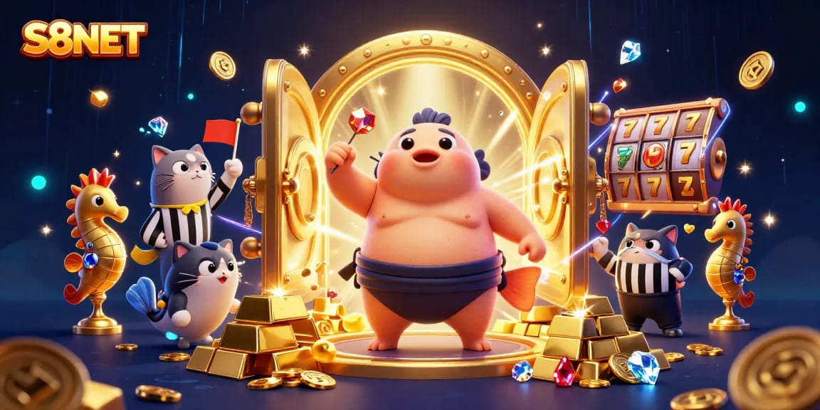 S8NET showcases a lively underwater casino competition with a puffed-up fugu and exciting game elements.
