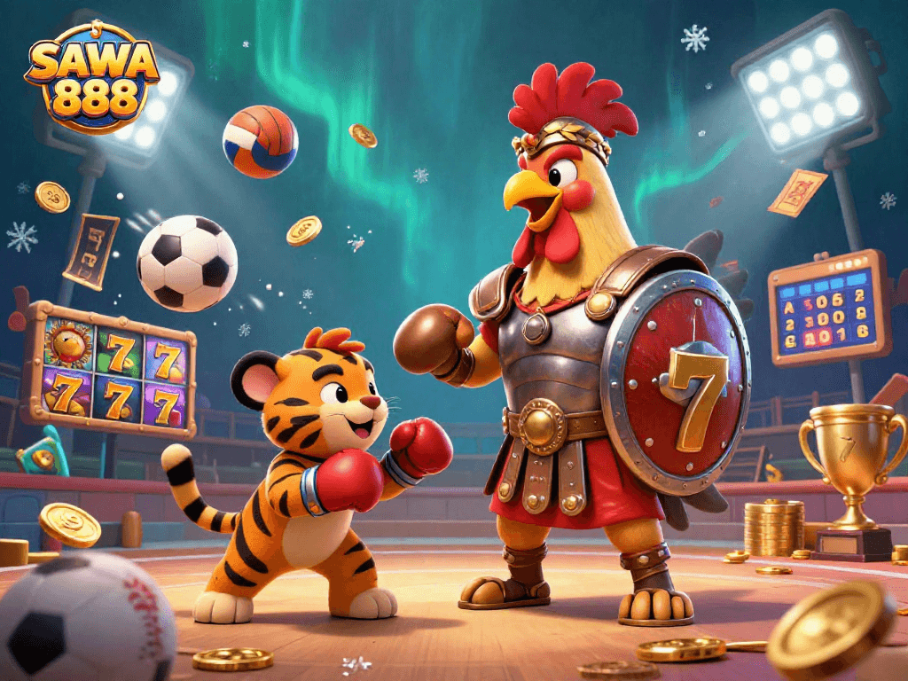 Experience the excitement of SAWA 888 betting with dynamic scenes featuring colorful slots and golden coins.