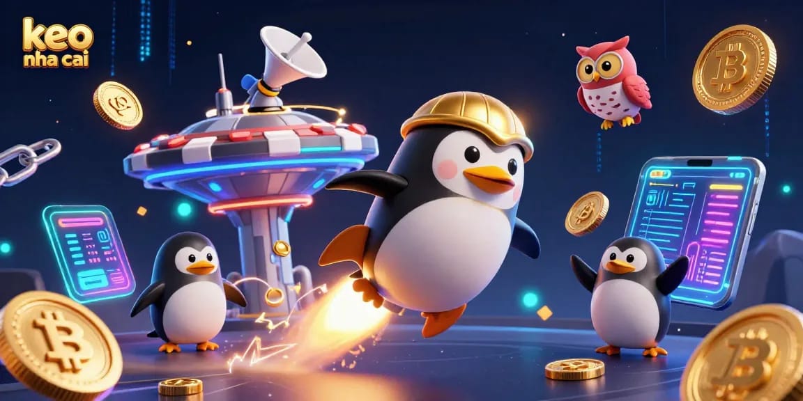 Engage with keo nha cai strategies in a vibrant 3D casino universe filled with golden penguins and crypto elements