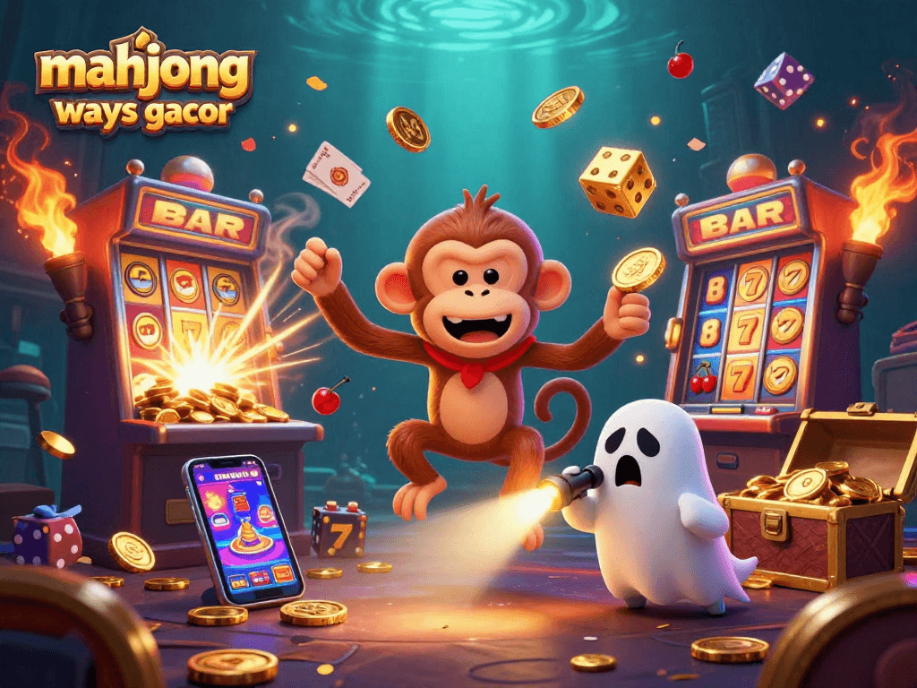 Experience mahjong ways gacor with a vibrant scene featuring a ghost-hunter puppy and a mischievous monkey in a dynamic casino setting.