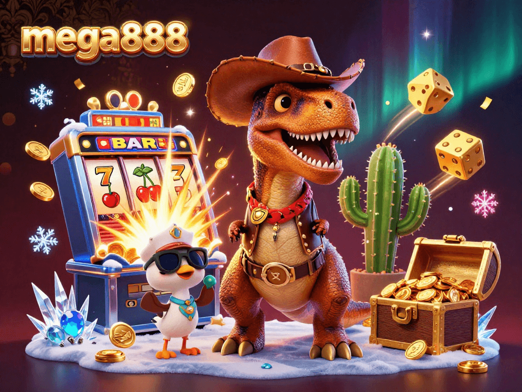 Permainan mega888 yang menyeronokkan dengan dinosaur komedi dan mesin slot berkilau melimpah dengan duit syiling.