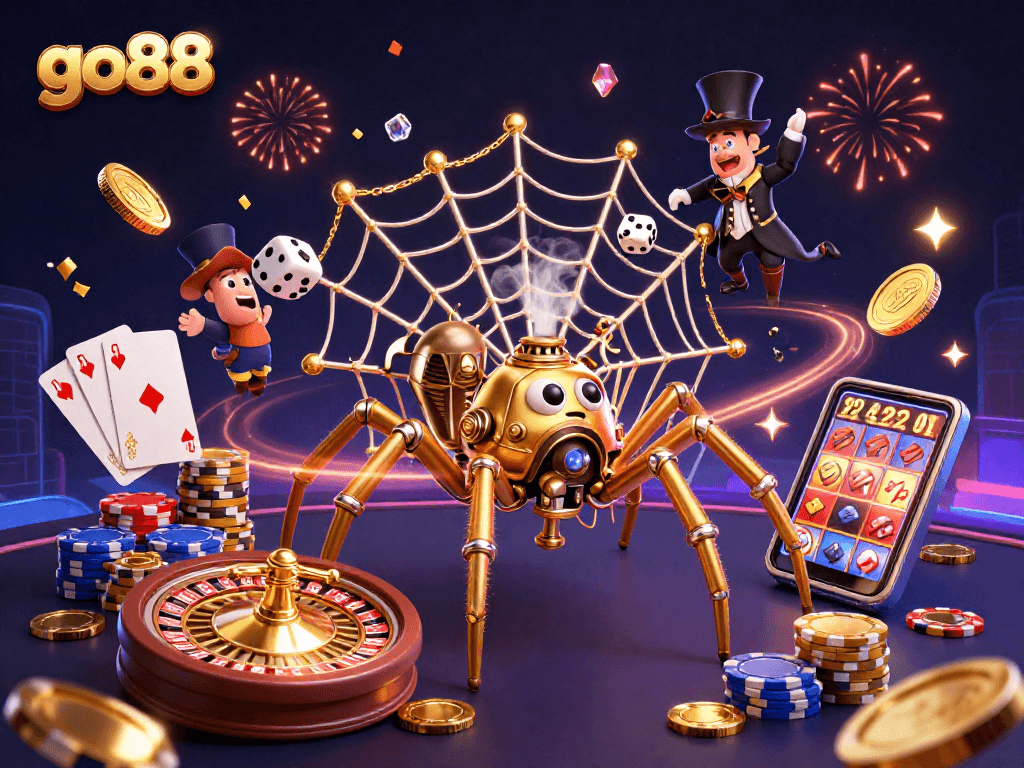 Experience thrilling gameplay in go88's vibrant casino scene with steampunk spider and dynamic elements!