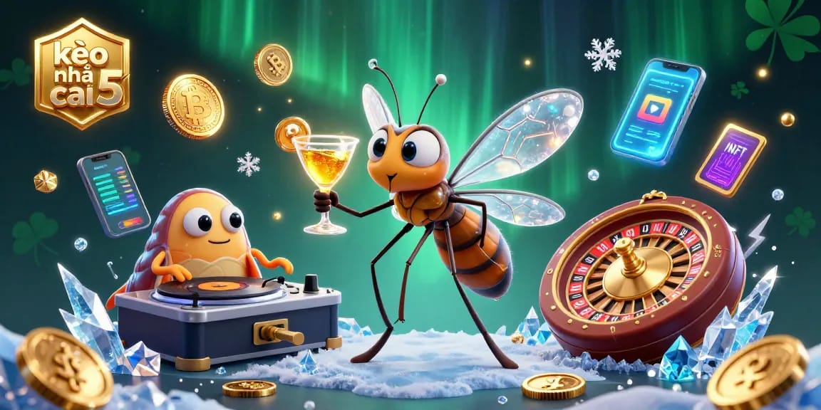 Engage with kèo nhà cái 5 in this vibrant, dynamic casino scene featuring an amber mosquito mascot, trilobite DJ, and golden roulette.