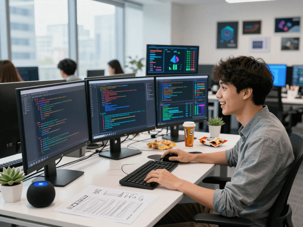 Developing spicy ai solutions in a modern tech workspace, vibrant screens and creative workspace elements