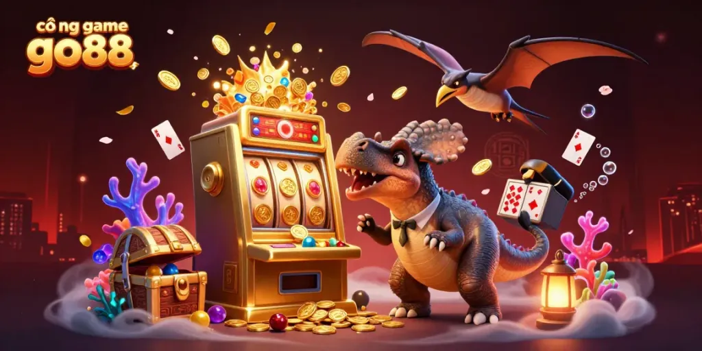 Experience the dynamic action of cổng game go88 as a cartoon pachycephalosaurus headbutts a golden slot machine amidst swirling coins and playful characters.
