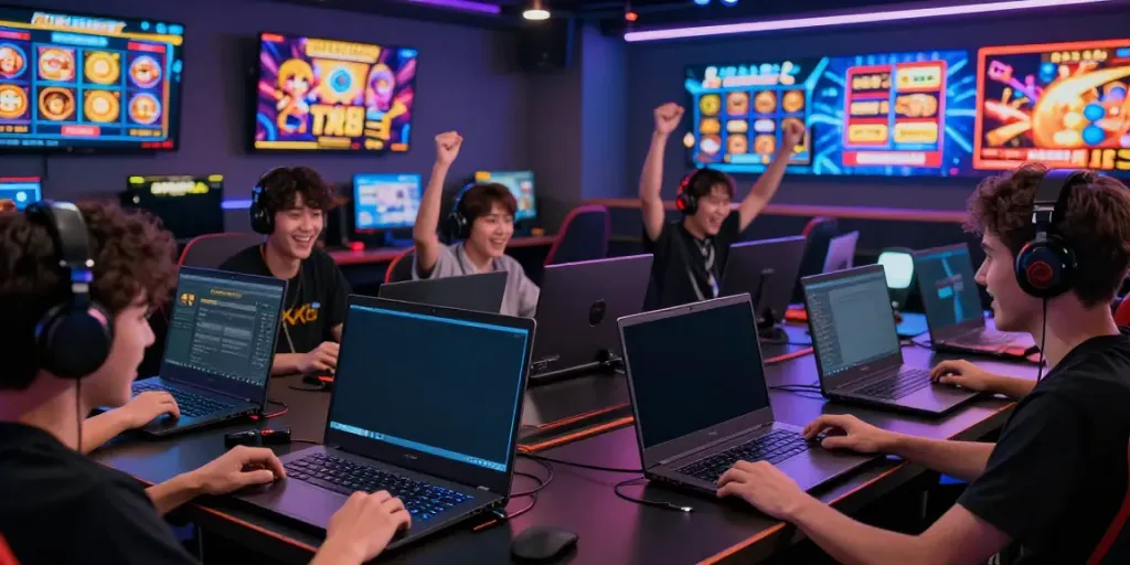 Exciting TX88 online gaming scene with players interacting on laptops and smartphones.