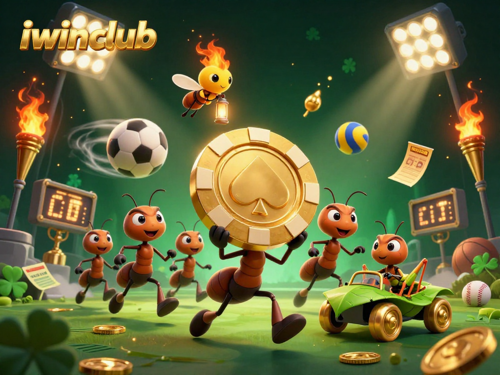 iwinclub features a team of cartoon ants heisting a giant poker chip in a vibrant casino scene.