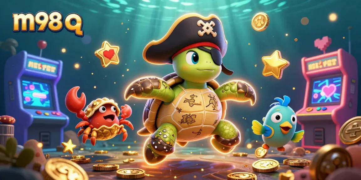Spin the m98 q jackpot with a pirate turtle, crab, and parrotfish amid vibrant casino treasures.