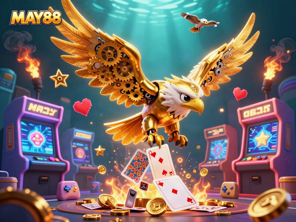 MAY88 showcases a vibrant 3D casino scene featuring a golden eagle and dynamic gaming elements.
