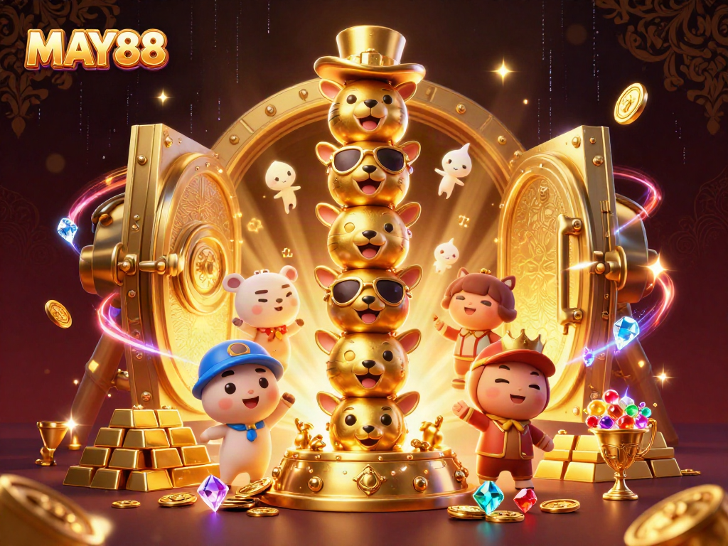 MAY88 showcases a vibrant casino scene with a golden totem and treasures, enhancing gaming excitement.