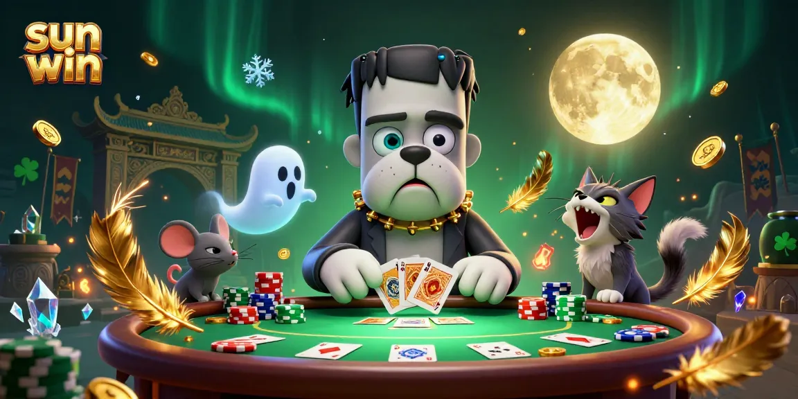 Sun win themed illustration featuring a quirky Frankenstein bulldog dealing cards at a poker table surrounded by gold.