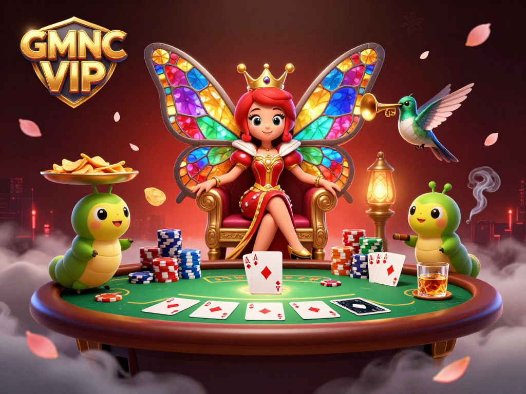Experience GMNC VIP with a vibrant poker showdown featuring a butterfly queen and sparkling chips.