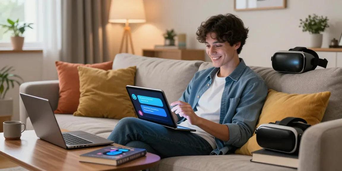 Engaging with an AI sexting chatbot in a cozy modern setting, showcasing the future of intimate digital interactions.