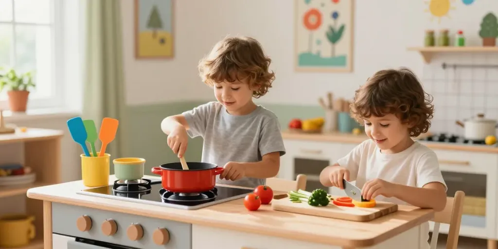 Kids kitchen playset with children cooking, colorful accessories, joyful learning atmosphere.