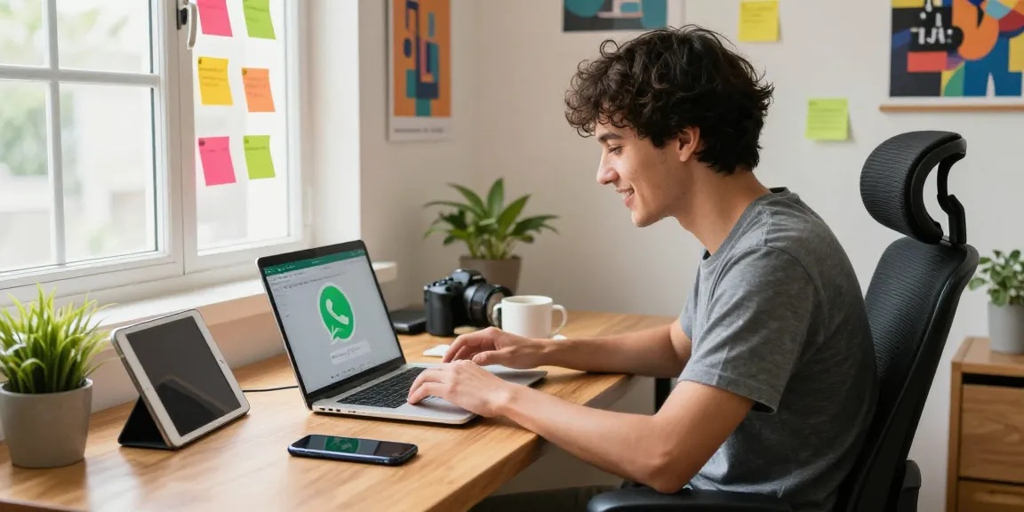 Downloading WhatsApp下載 on a laptop in a vibrant home office setting with gadgets and motivational decor.