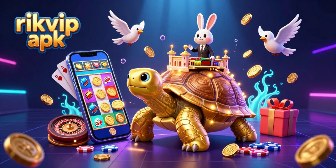 Engage with the rikvip apk in this vibrant casino scene featuring a golden tortoise, dealer, and floating coins.
