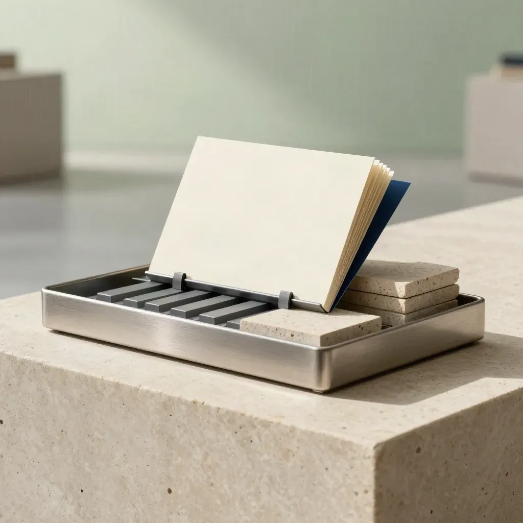 Brushed-steel tray with blank cards and stone blocks on limestone, softly lit in a studio hero scene.