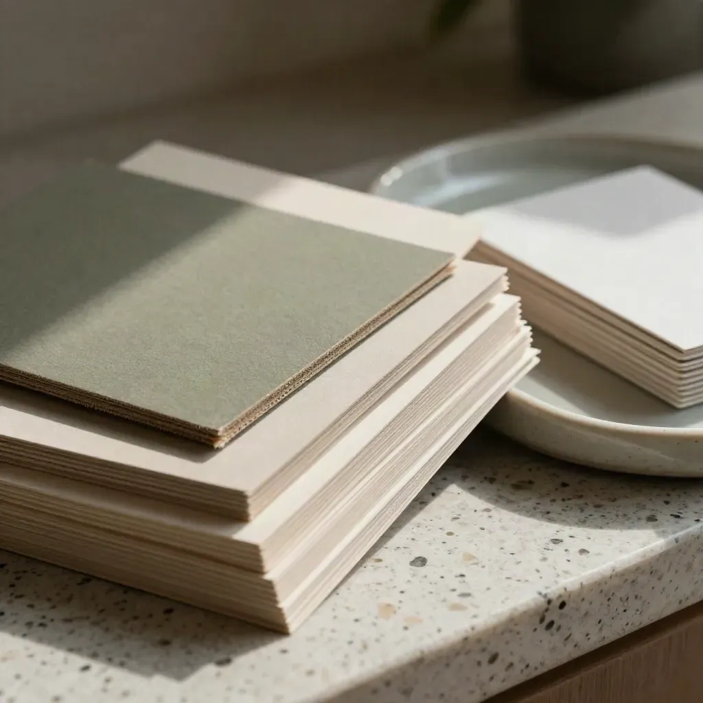 Close-up of paper sample squares, blank cards, and a ceramic tray on travertine.