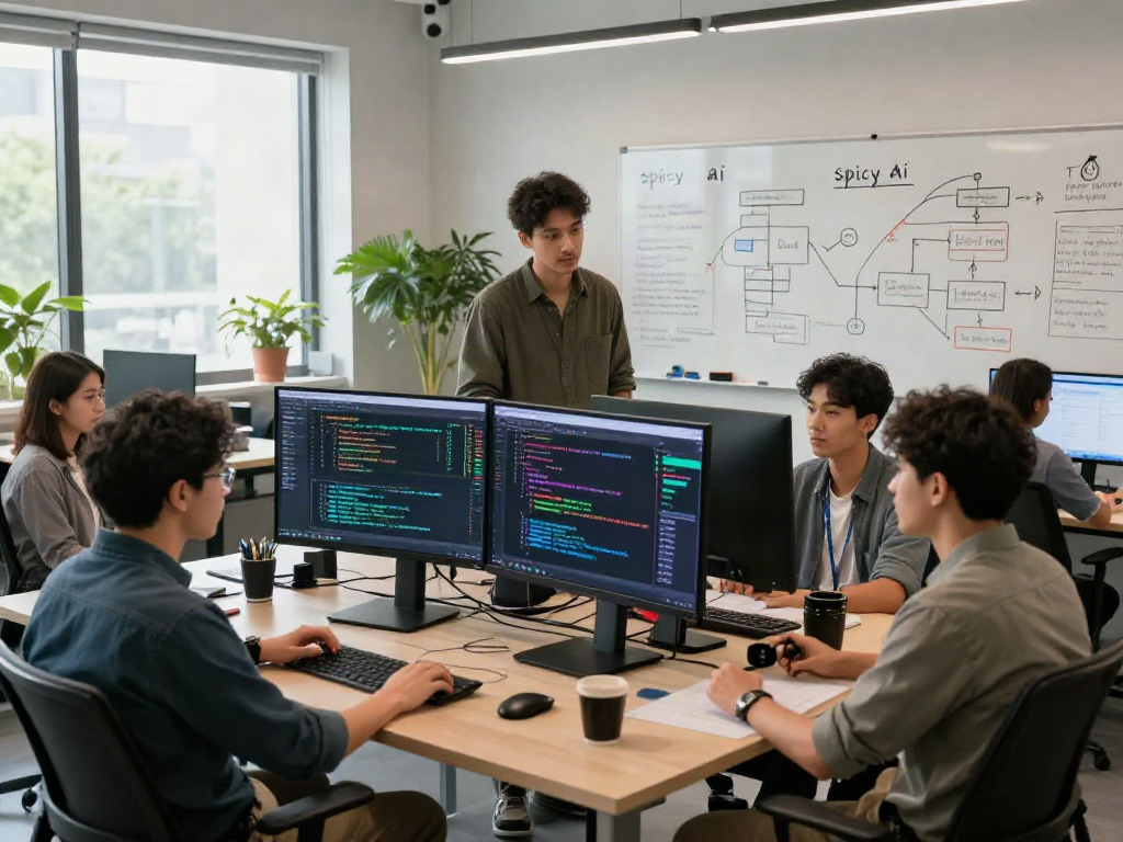 Dynamic tech workspace illustrating spicy ai development with diverse AI team collaborating on algorithms and visualizations.