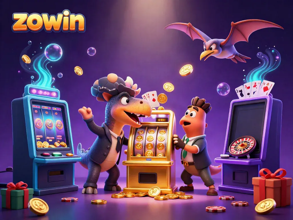 Zowin casino scene with creatures celebrating jackpot wins at a vibrant slot machine.