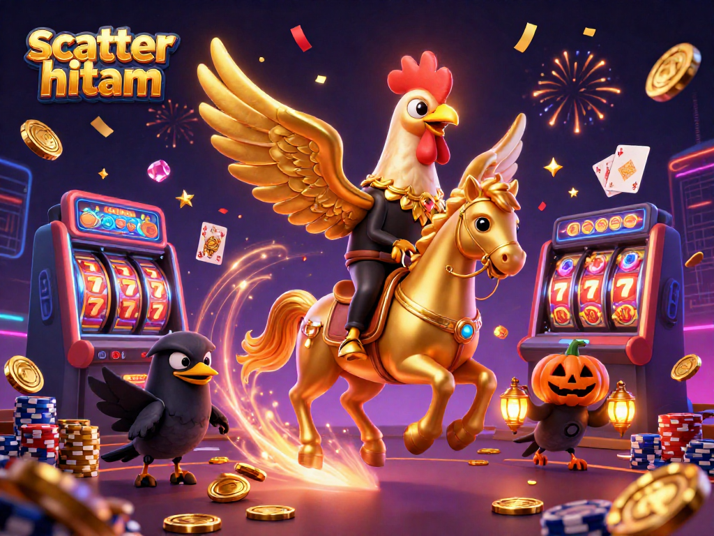 Win big with scatter hitam in a vibrant casino scene featuring gold coins and slot reels.