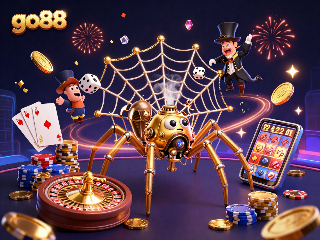 Experience thrilling gameplay in go88's vibrant casino scene with steampunk spider and dynamic elements!