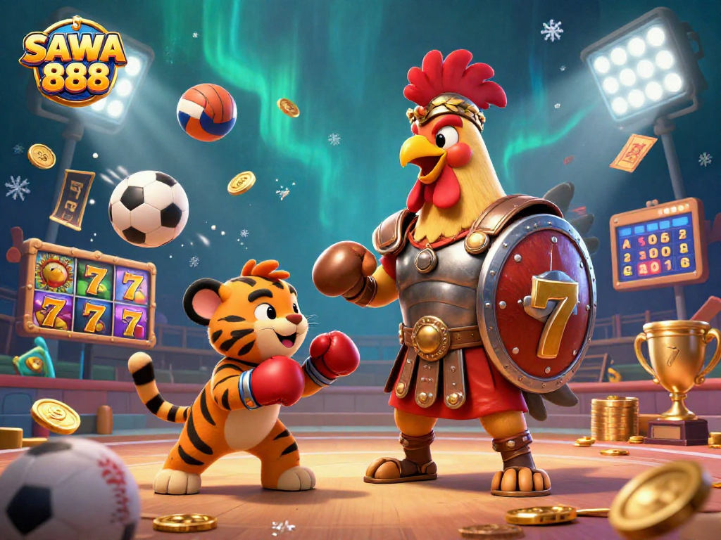 Experience the excitement of SAWA 888 betting with dynamic scenes featuring colorful slots and golden coins.