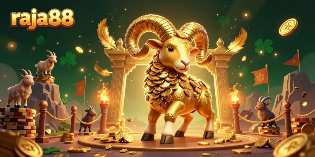 Experience thrill with raja88 as a golden ram charges through an ornate gaming arena filled with vibrant gold elements.