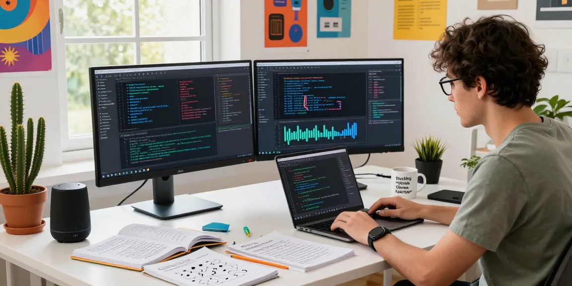 Data scientist immersed in machine learning tools, coding at dual monitors in a lively workspace, showcasing modern technology.