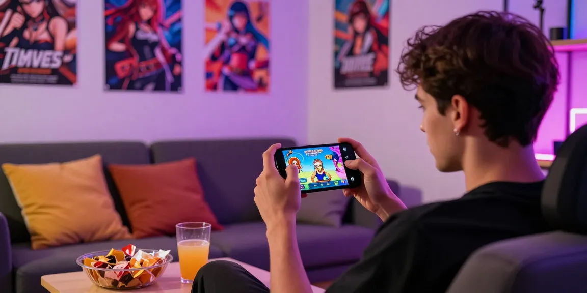 Engaging scene of a young man enjoying free mobile hentai games on his smartphone in a cozy gaming setup.