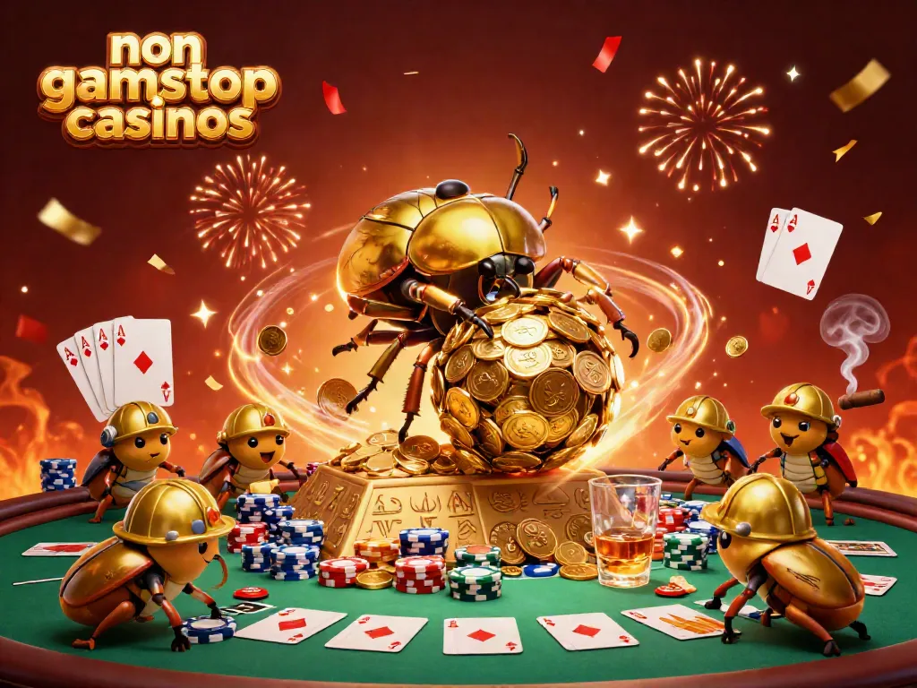 Engaging depiction of non gamstop casinos featuring dynamic golden beetles and casino symbols.