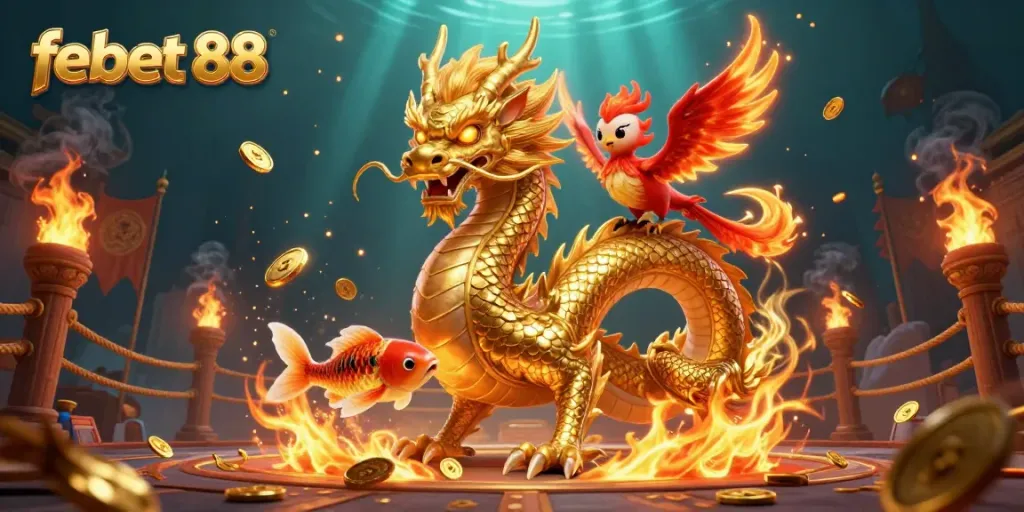 Experience the thrilling febet 88 action with a fierce dragon, phoenix, and koi fish amidst a dynamic arena scene.
