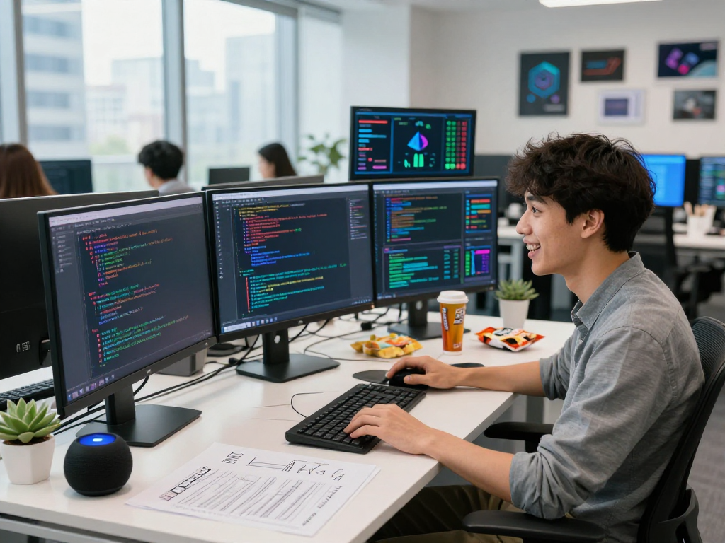 Developing spicy ai solutions in a modern tech workspace, vibrant screens and creative workspace elements