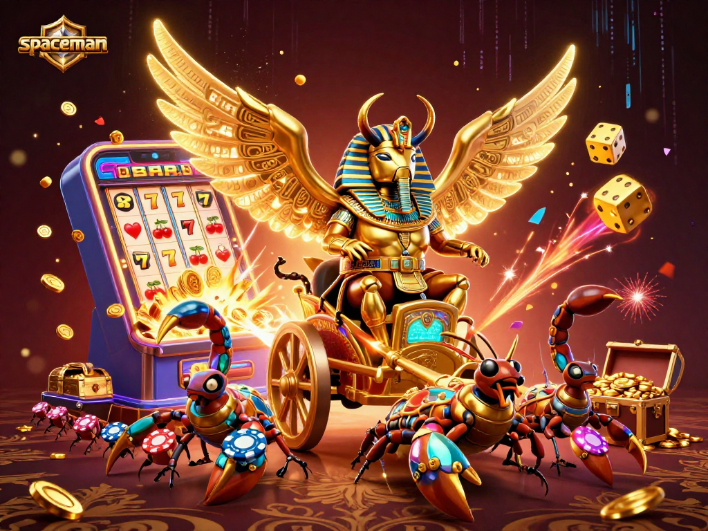 Experience thrilling gaming with the spaceman character, jackpot slots, and vibrant casino elements in this rich 3D illustration.