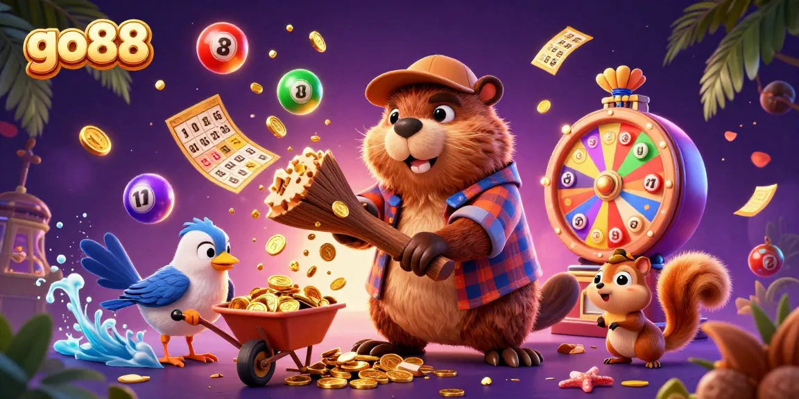 Engage with go88's exciting world as our beaver chops a golden tree amidst spinning lottery balls and vibrant game elements.