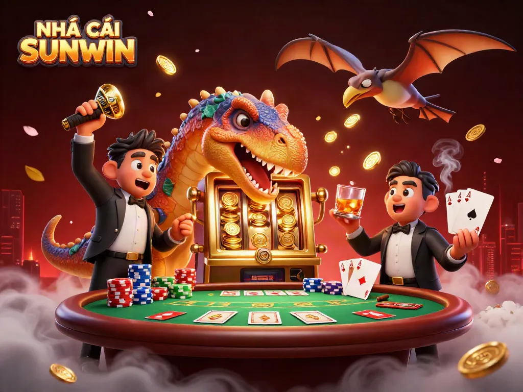 Catch golden coins with NHÀ CÁI SUNWIN's dynamic casino scene featuring quirky dinosaur characters.