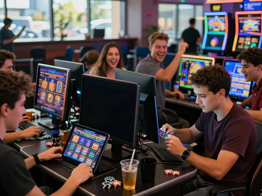 Players enjoying credit card slots in a lively online casino atmosphere with vibrant gaming screens and engaging setups.