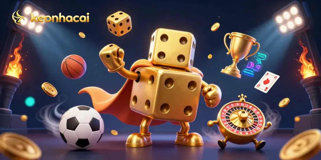 Experience excitement with Keonhacai as a golden dice golem juggles winning opportunities and sports elements in an energetic scene.